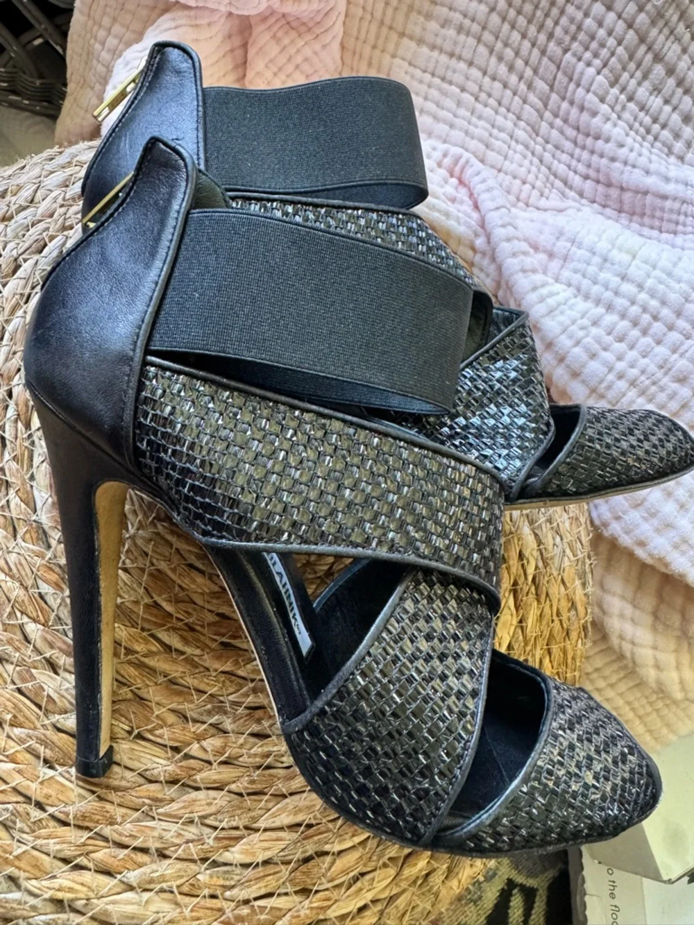 Manolo Blahnik Black Woven Leather Crisscross Peep-Toe Heels - Picture 4 of 8